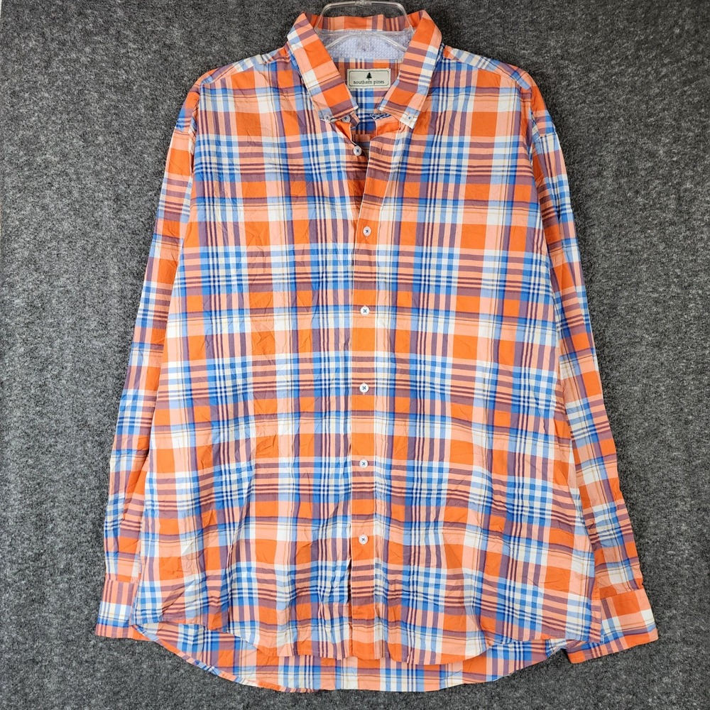 Southern Pines Shirt Mens XL Plaid Orange Blue Button Down Long Sleeve EUC